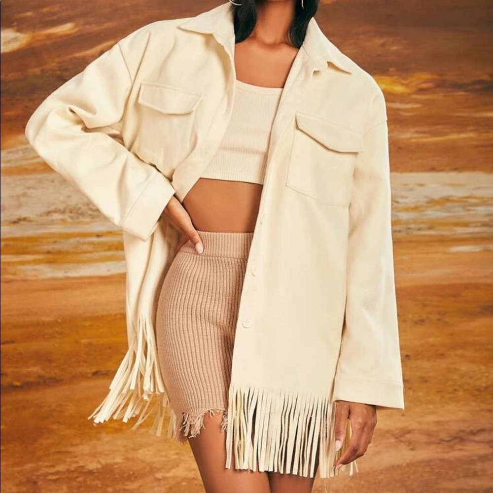 Cream Flap Pocket Drop Shoulder Fringe Hem Overcoat Sz XS New - Picture 1 of 5
